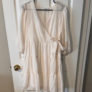 Calvin Klein Cream Textured Wrap Midi Dress